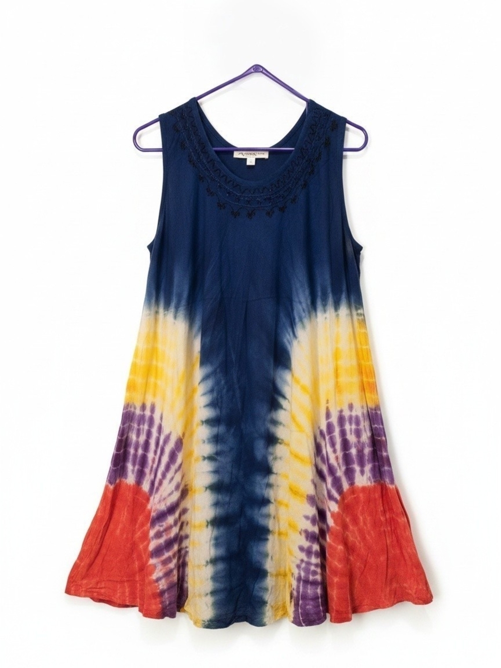 Sleeveless Tie-Dye Midi Dress in Navy, Yellow & Red One Size